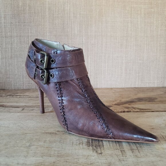 Vtg Carlos Santana Whipstitch Leather Dual Buckle Moto Pointy Ankle Booties 9 - Picture 5 of 13